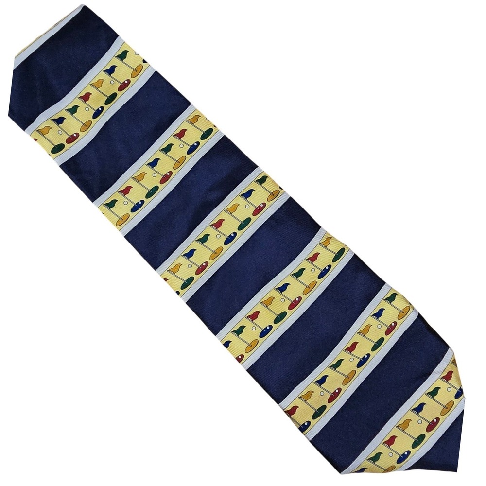 Pivot Rules Mens Silk Golf Tie Navy Blue Striped Flags Novelty Made in USA NEW